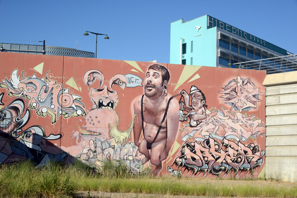 Mural of a man in a Mankini, Paseo de los Puentes near the Hiberus Hotel, Zaragoza