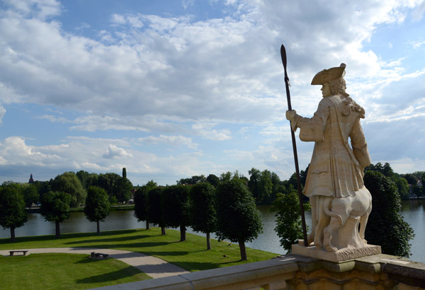 Statue of a guard in 18th C. garb on the balustrade of the south terrace, Moritzburg Castle