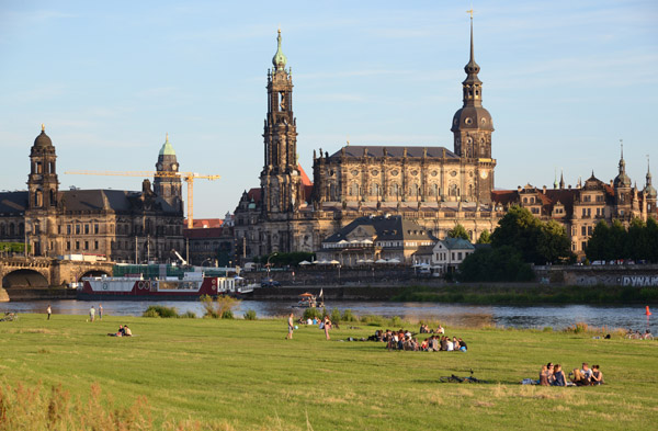 Central Dresden with (R to L) the towers of Dresden Castle, the Hofkirche, City Hall and High Court