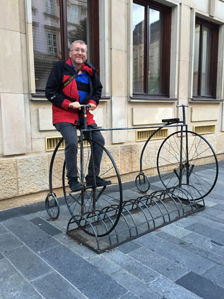 Bicycle rack with a pair of penny-farthing high wheelers, Bratislava
