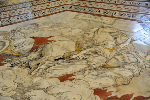 Hexagonal floor mosaic beneath the dome, Elijah ascending to Heaven, Domenico Beccafumi, Siena Cathedral