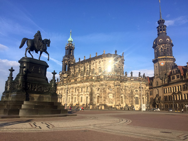 Late afternoon sun on the Hofkirche with the King Johann Memorial and tower of Dresden Castle, Theaterplatz