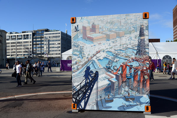 Cartoon-style painting with a oil rig docked in Oslo's inner harbor