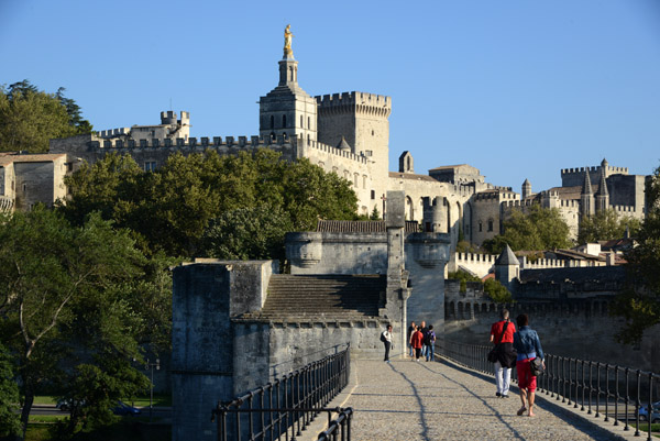 City walls with the cathedral tower and Papal Palace from the Pont d'Avignon