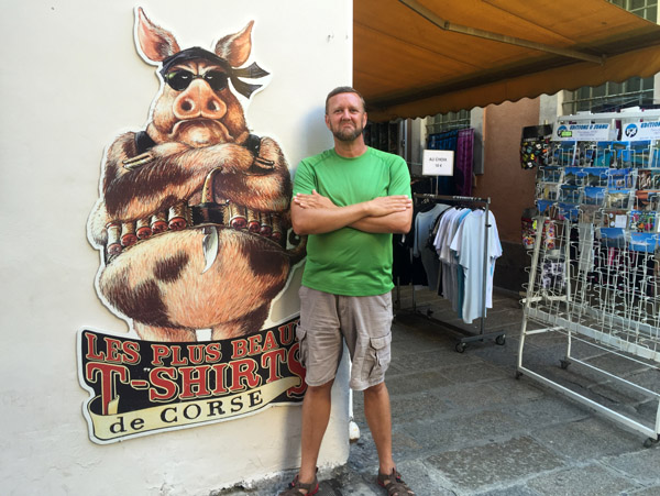 Keith in Ajaccio with a T-Shirt shop mascot
