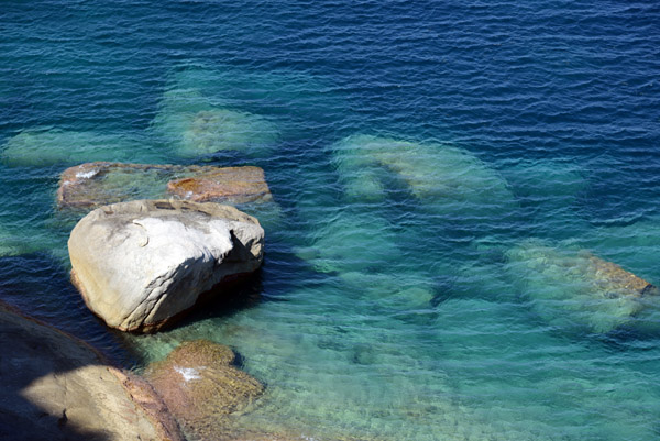 Clear blue Mediterranean Sea beneath the walls of Calvi Citadel