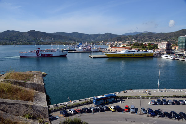 MV Marmorica arrives at the ferry port of Portoferraio, Isola d'Elba