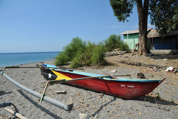 A fishing canoe painted with the flag of Timor-Leste