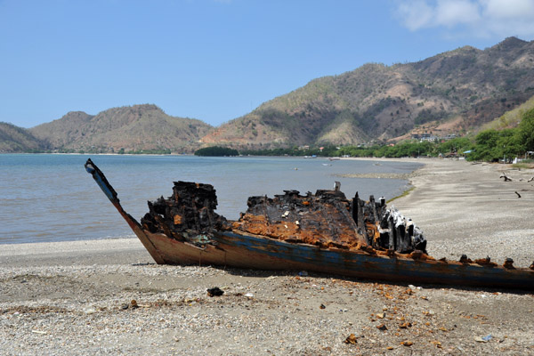 A burned out beached shipwreck