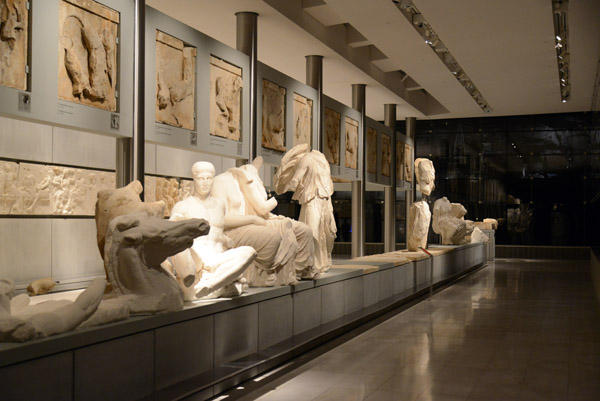 Sculptural remains from the east pediment of the Parthenon with reproductions of the Elgin Marbles 