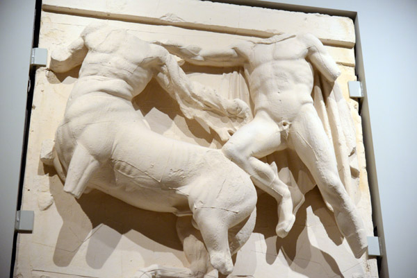 Centaur attacking Lapith raising his shield, Parthenon south metope block 3, 445-440 BC