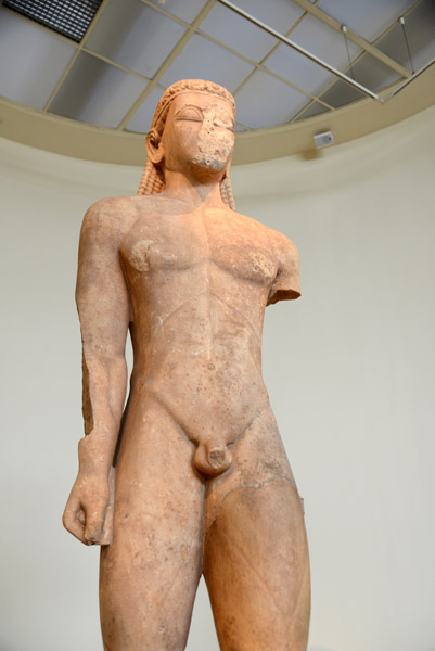 Kouros, Naxian marble, found in Sounion, early archaic period ca 600 BC