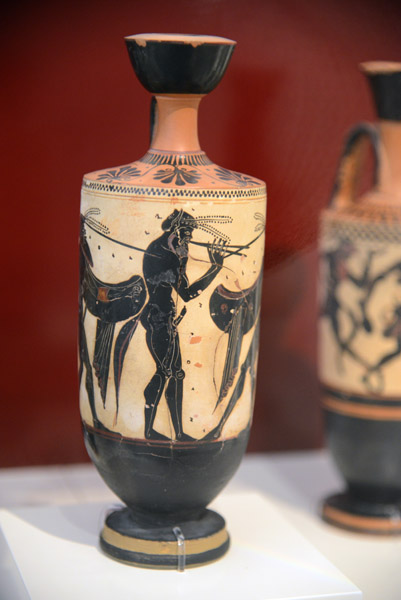 White-ground lekythos - Satyrs dancing the pyrrhic, ca 490 BC