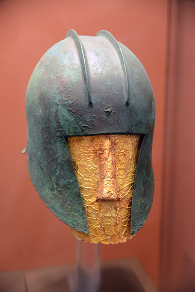 Bronze helmet of Illyrian type and gold funerary mask from Chalcidice, 530-510 BC