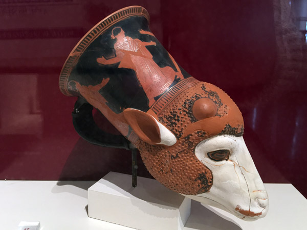 Red-figure rhyton in the shape of a ram's head, 460-450 BC