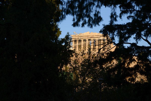 The Parthenon through trees from the west
