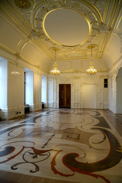Salon with ornate wooden floor, Marble Palace