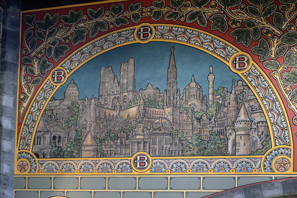 Gent-Sint-Pieters Railway Station - mosaic of iconic landmarks of Ghent