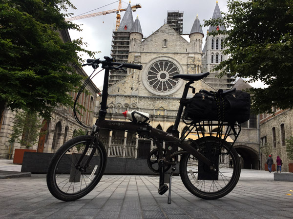 My bike on Place de l'Evch in front of Tournai Cathedral