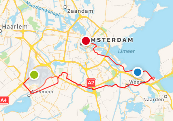 My route from Schiphol to Amsterdam via Muiden