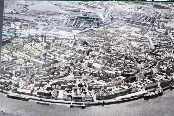 Old aerial view of the walled city and quays
