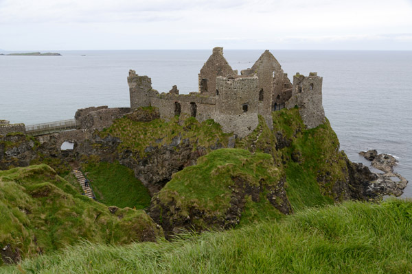 Ruins of Dunlace Castle situated atop the coastal cliffs