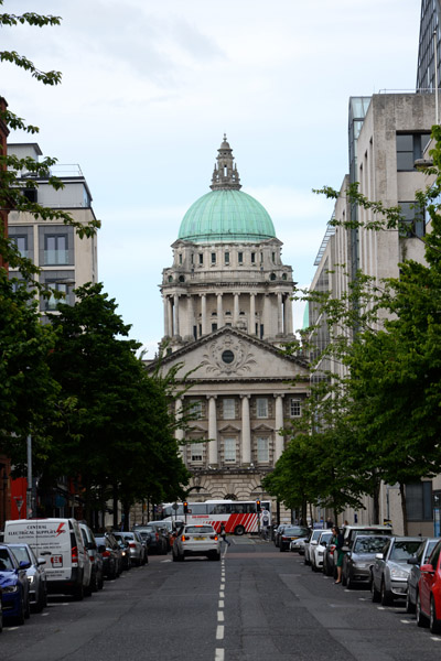 Belfast City Hall at the end of Linenhall Street