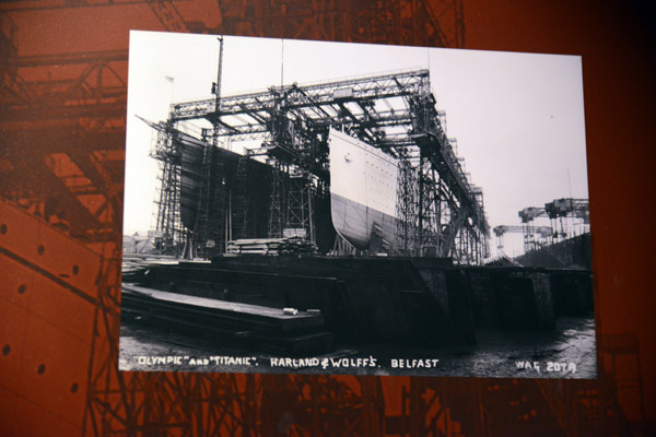 Vintage photograph of sister ships Olympic and Titanic under construction at Harland & Wolff, Belfast