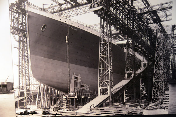 Titanic under construction surrounded by the Arrol Gantry, Harland & Wolff Shipyard