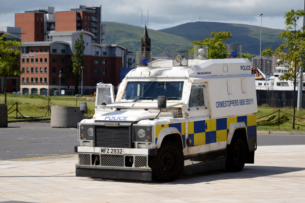 High security outside Titanic Belfast - police armored vehicle