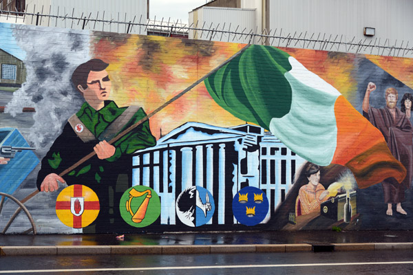 Divis Street - Irish Flag with Coats-of-Arms of the 4 provinces of Ireland, Ulster, Leinster, Connacht, Munster