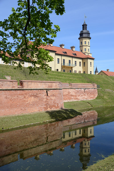 Reflection of the main tower in the moat, Nesvizh Castle