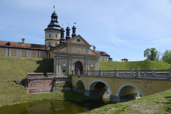 Bridge across the moat to the western gate of Nesvizh Castle