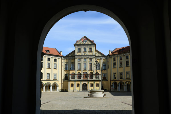 View of the courtyard through the west gate of Nesvizh Castle
