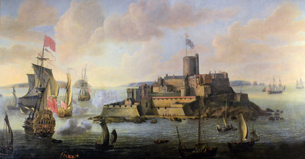 Painting of Castle Cornet with British naval vessels