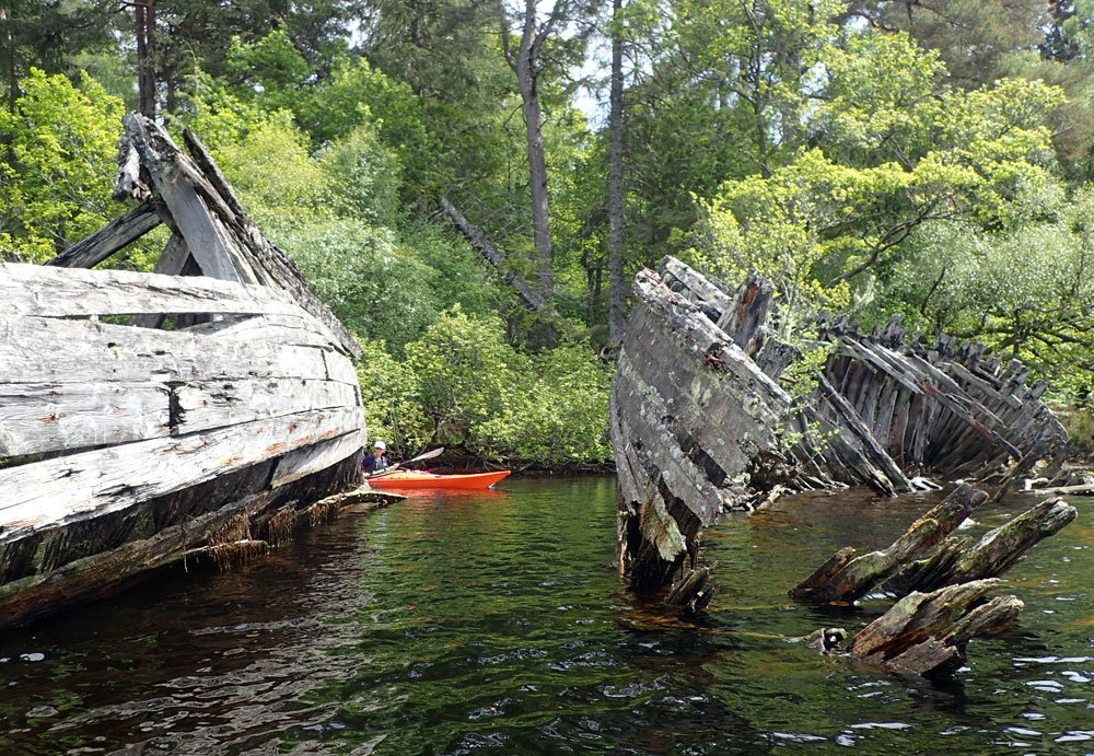 June 18 Loch Ness kayak past some boat hulks