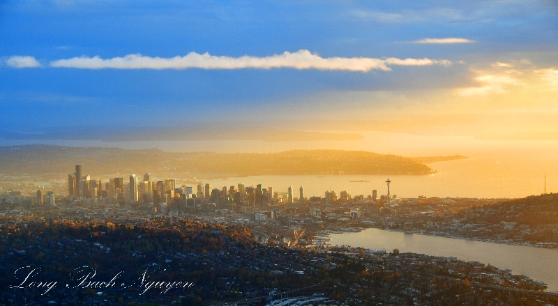 Golden Light of sunset over Seattle, Lake Union, Puget Sound, West Seattle, Washington 135  