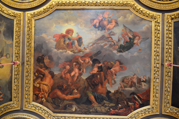 Chariot of Mars pulled by wolves, ceiling of the Salon de Mars, Claude Audran,Grand Apartment of the King, Palace of Versailles
