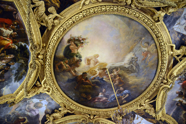 Apollo on his Chariot surrounded by Allegorical Figures, ceiling of the Salon of Apollo, State Apartments, Versailles