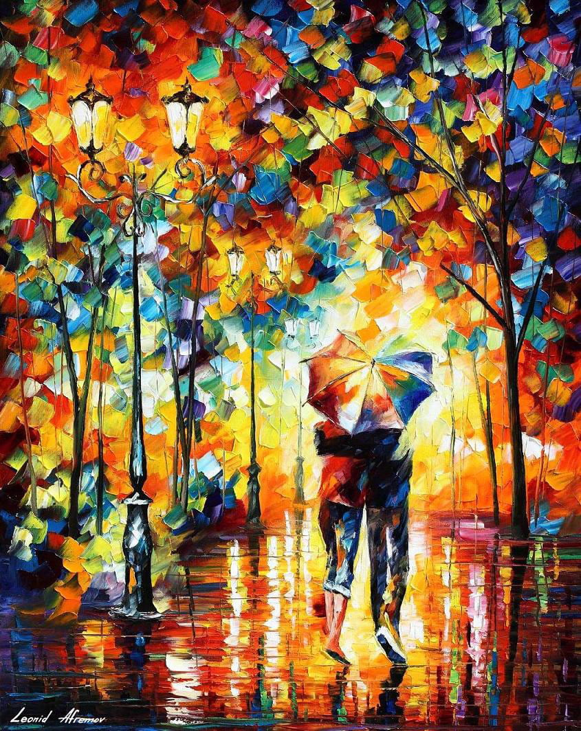 COUPLE UNDER ONE UMBRELLA  PALETTE KNIFE Oil Painting On Canvas By Leonid Afremov