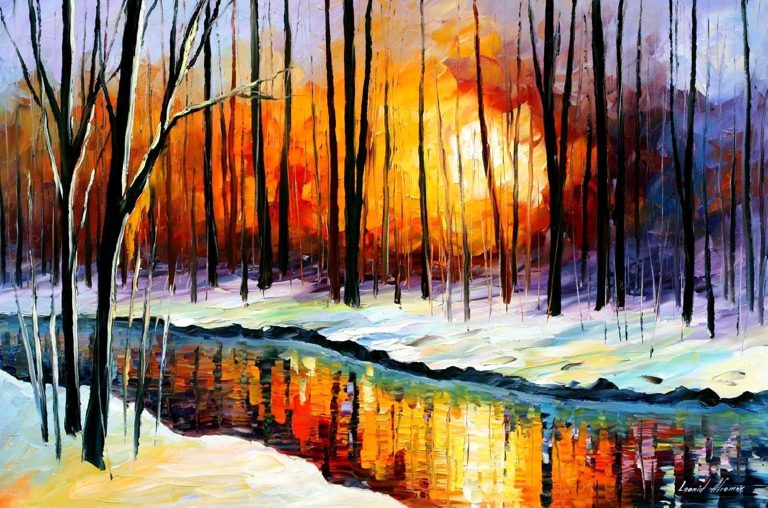 WINTER SUN  PALETTE KNIFE Oil Painting On Canvas By Leonid Afremov