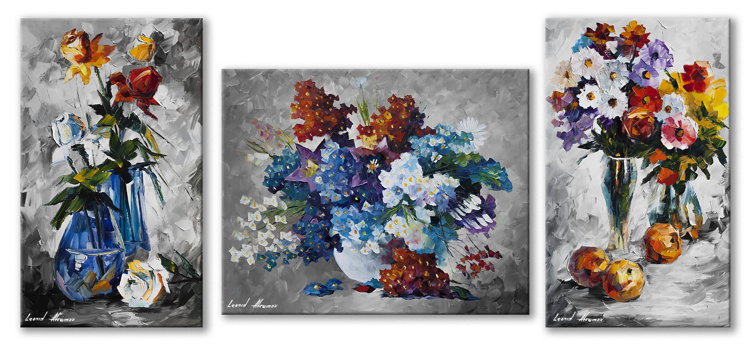 FLOWERS BLURE - SET OF 3 B&W  PALETTE KNIFE Oil Painting On Canvas By Leonid Afremov