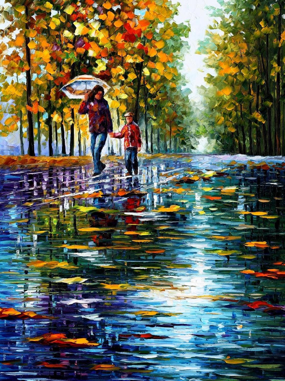 STROLL IN AN AUTUMN RAINY PARK  oil painting on canvas