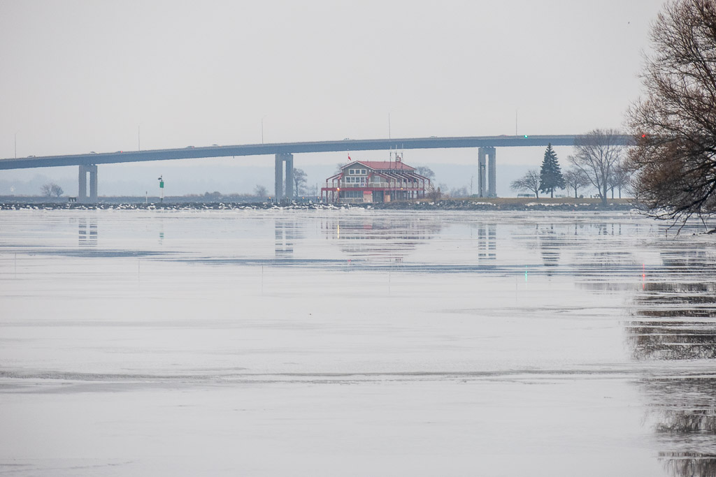 Fog up the Bay of Quinte towards Meyers Pier and the Norris Whitney Bridge 2020 January 10