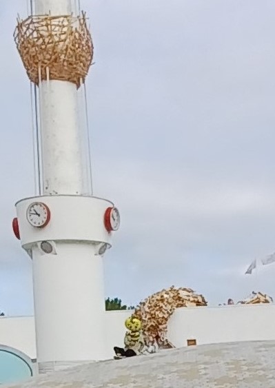 The Nest- constructed from reclaimed materials, surges over the roof of the Glass Palace building and up the courtyard chimney