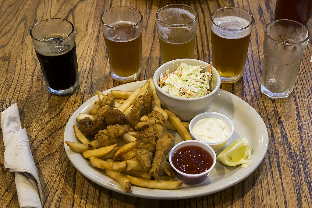 Beer Battered Oysters and French Fries served with Cole Slaw and Beer Sampler of the 5 beers currently on tap