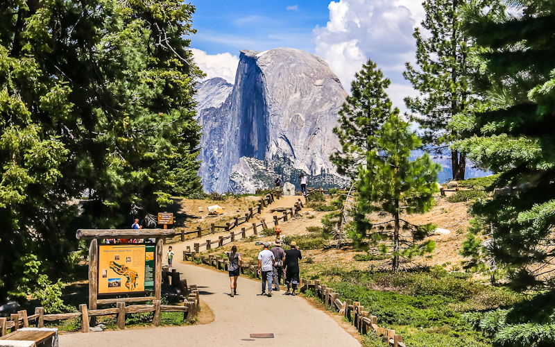 The entrance to Glacier Point with Half Dome in the distance in Yosemite National Park