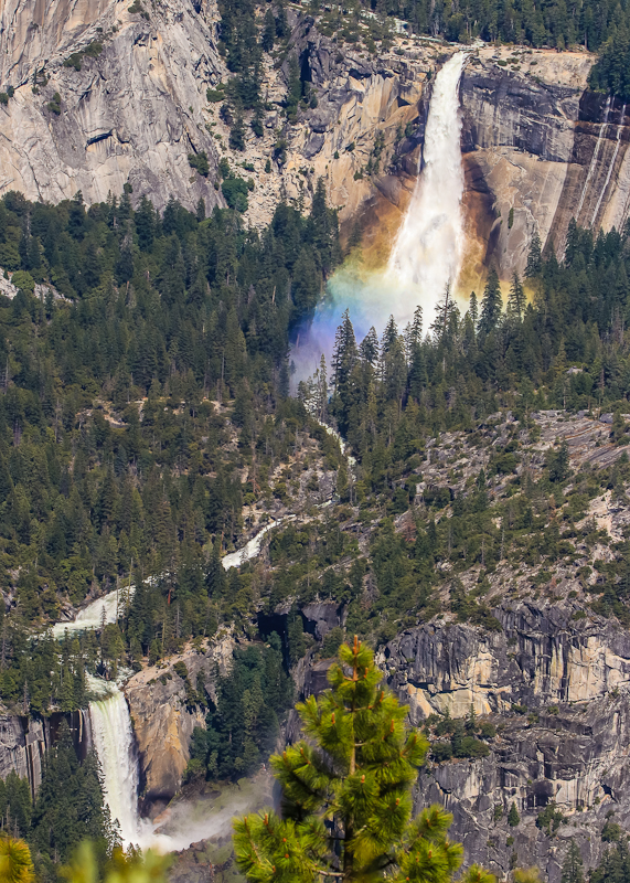 Nevada Falls (top) glowing in the sunlight and Vernal Falls as seen from Glacier Point in Yosemite National Park