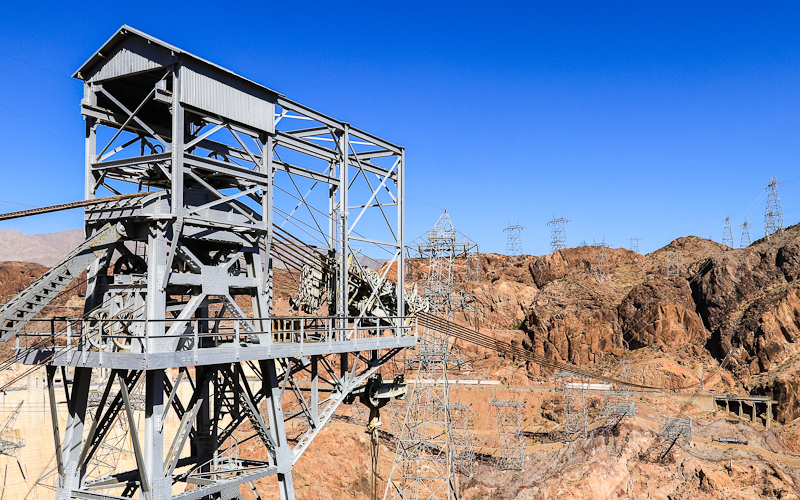 Cable tower over Hoover Dam and the Colorado River in Lake Mead National Recreation Area