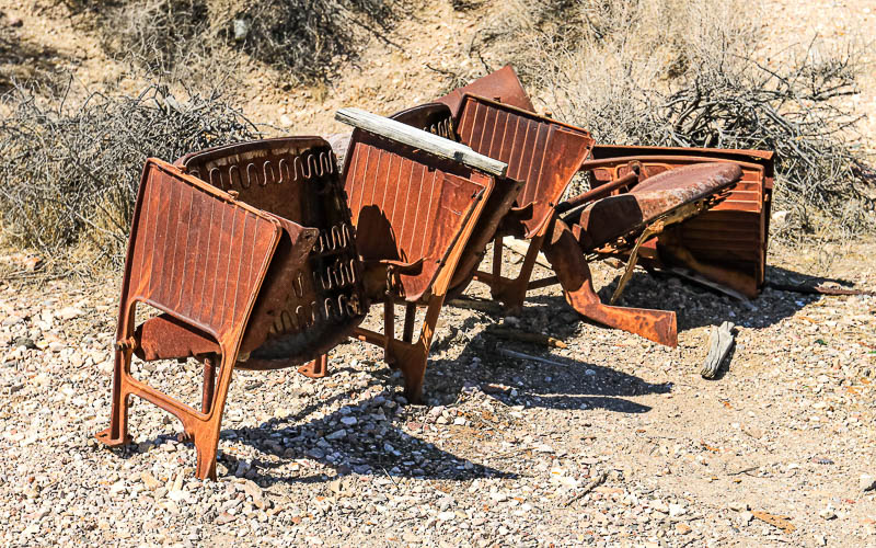 Rusting theater seats in the Rhyolite Historic Townsite
